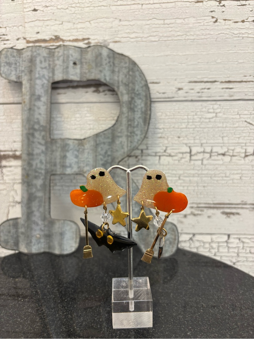 Lunch at the Ritz Halloween Ghost & Pumpkin Dangle Clip On Earrings